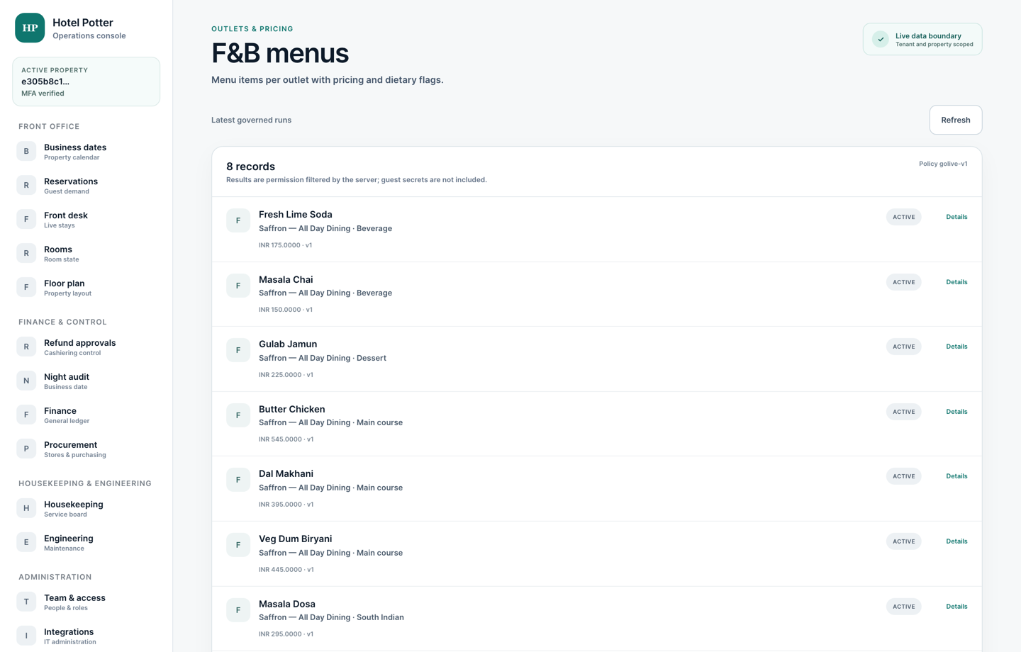 Outlet menu management for the all-day dining restaurant