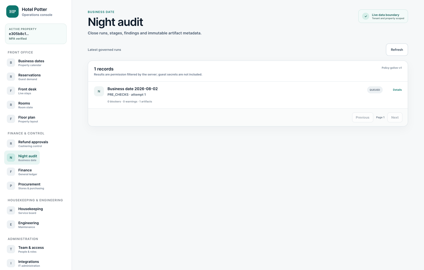 Night audit run with a clean close