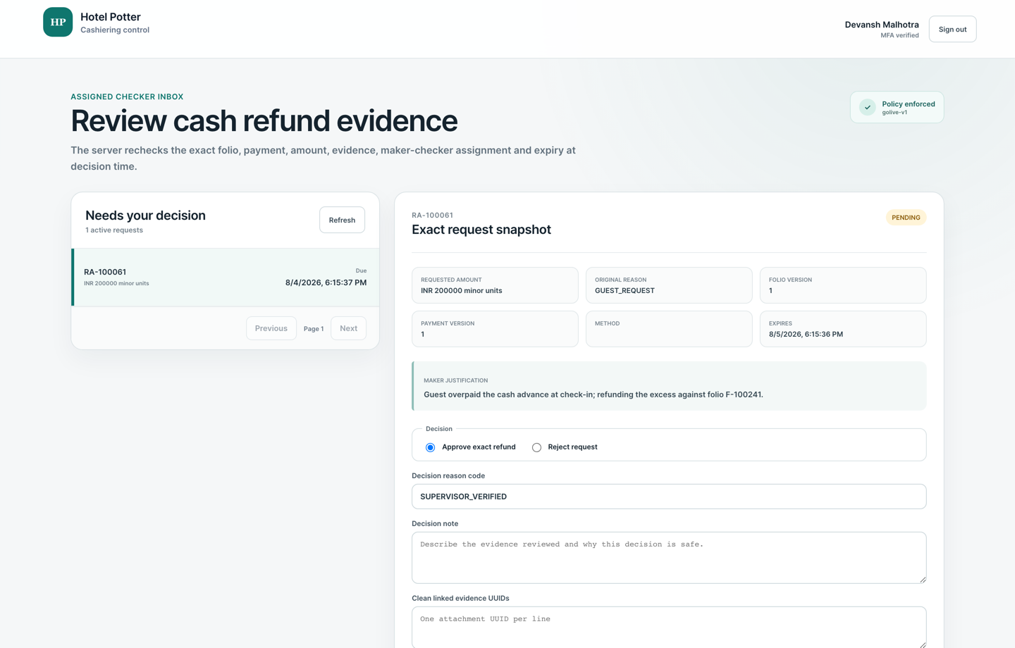 Refund approval workspace behind multi-factor authentication