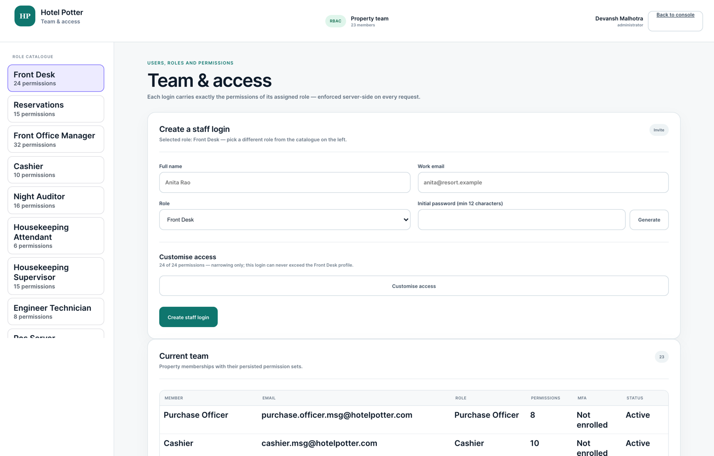 Team and access console with role-based logins
